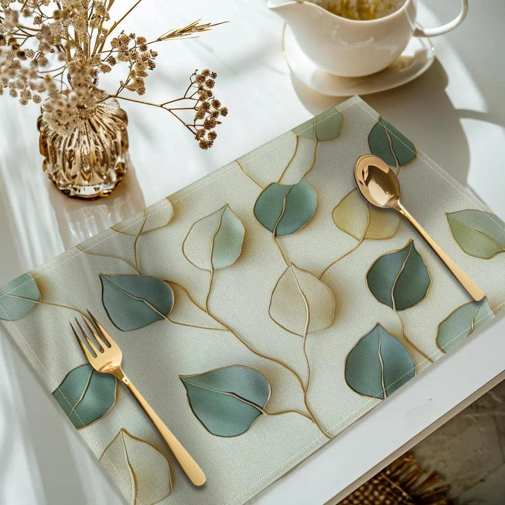 5-Piece Set Handwoven Dining Mats, Leaf Print Rectangular Table Placemats, Aesthetic Home Decor for Dining Room, Boho Placemats Set