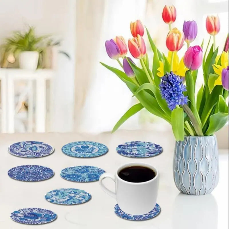 Floral Pattern Wooden Coaster, 8 Counts/set DIY Diamond Painting Coasters Colorful Painting Coaster, Decorative Table Mat for Coffee Cup, Office, Kitchen, Restaurant and Home