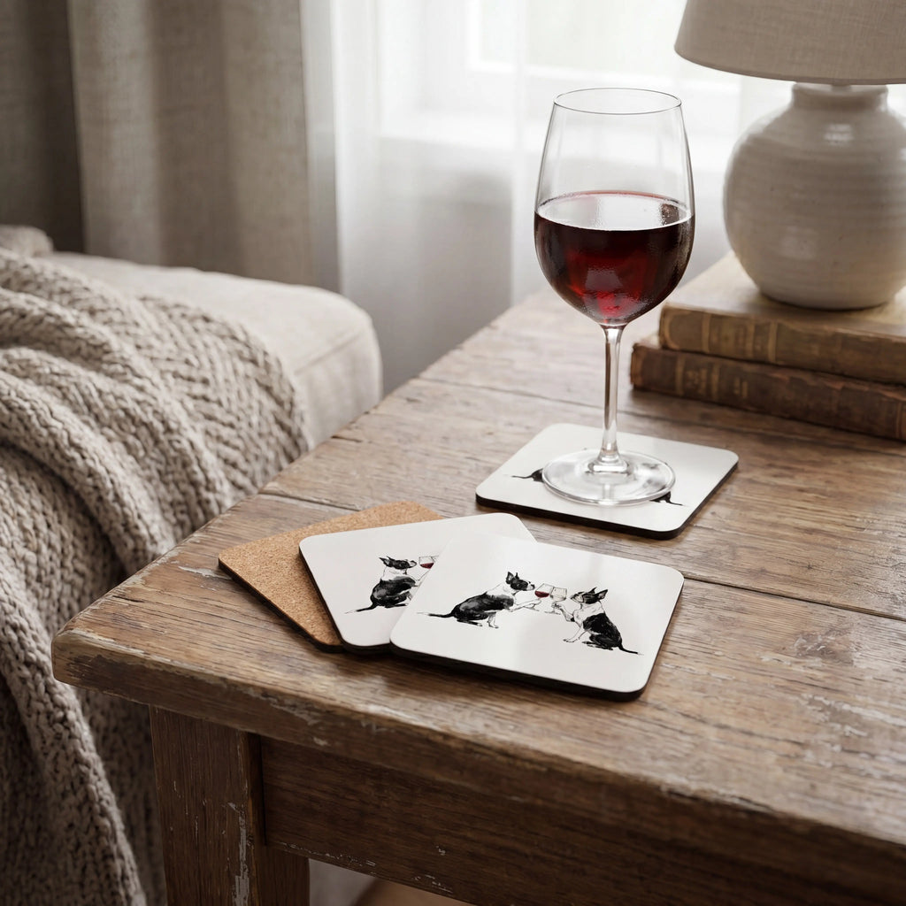 Boston Terriers Watercolour Print Square Coaster Set - 4-Piece 4x4 in Hardboard Base with Gloss Top, Protective Cork, Kitchen Tableware for Coffee Table Use