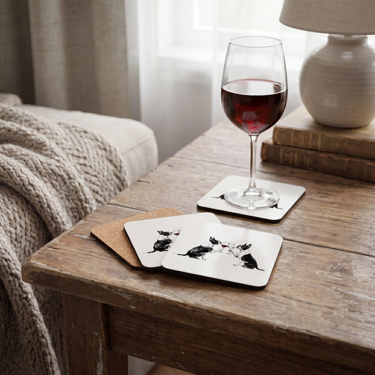 Boston Terriers Watercolour Print Square Coaster Set - 4-Piece 4x4 in Hardboard Base with Gloss Top, Protective Cork, Kitchen Tableware for Coffee Table Use