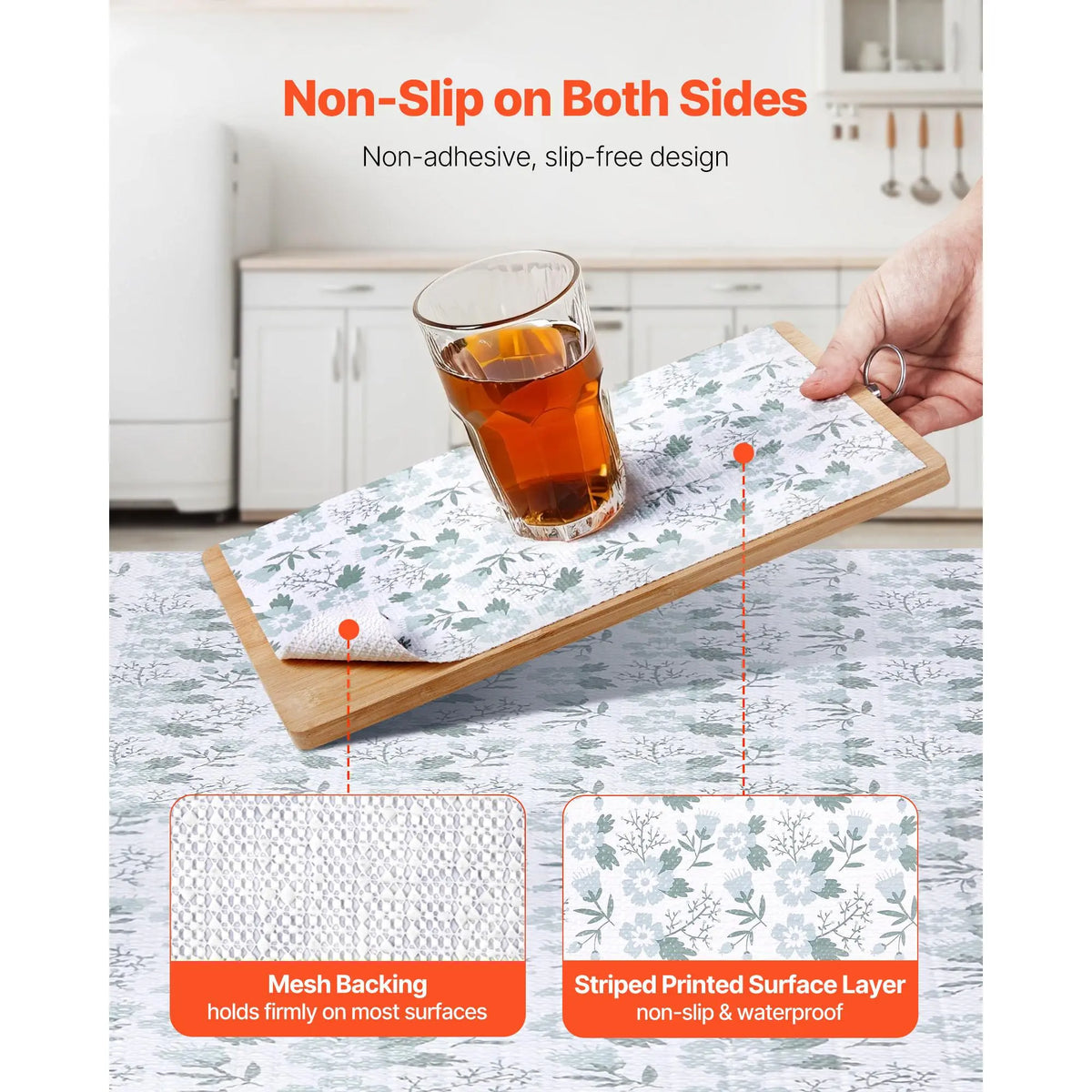 【Fallpicks】VEVOR Non-Adhesive Non-Slip Thick High-Density PVC Drawer & Shelf Liner, Waterproof Classic Food-Safe Flat Mat, Glass/Wood/Metal Ok, 23 FT for Kitchen Cabinets & Refrigerators (Flowers Design Coasters Alternative)