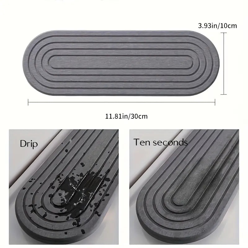 Water-absorbing stone tray for kitchen/bathroom countertops, quick-drying sink rack, Water Absorbent Mat (with wooden feet and natural gourd fiber, gray), Reusable Silicone Mat