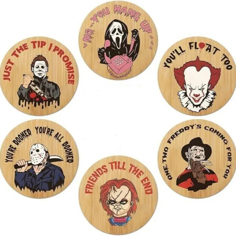 6 Piece Horror Movie Character Coaster Set, Unique Halloween Round Coasters, Wooden Coasters, Party Decoration, Perfect for Coffee Table and Kitchen Display