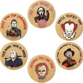 6 Piece Horror Movie Character Coaster Set, Unique Halloween Round Coasters, Wooden Coasters, Party Decoration, Perfect for Coffee Table and Kitchen Display