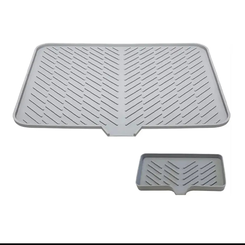 23x17in Modern Rectangle Silicone Dish Drying Mat with Matching Soap Dish Set, Sturdy Gray Desk Counter Protector, Waterproof Heat Resistant Indoor Tableware Organizer with Built-in Drain Lip, Dishwasher Safe (Hand Cleanable)