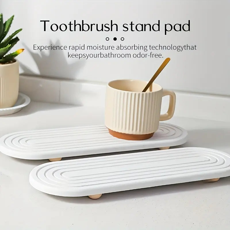 Water-absorbing stone tray for kitchen/bathroom countertops, quick-drying sink rack, Water Absorbent Mat (with wooden feet and natural gourd fiber, gray), Reusable Silicone Mat