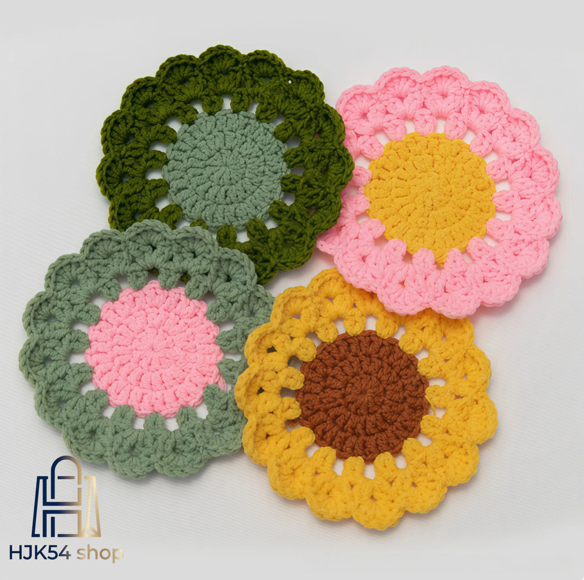 4pcs Handmade Boho Cottagecore Round Crochet Cotton Kitchen Drink Coasters - Rustic Scalloped Edge, Floral Design, Decorative Home Decor Items for Coffee/Tea Cups, Protects Table from Spills, Sohochic