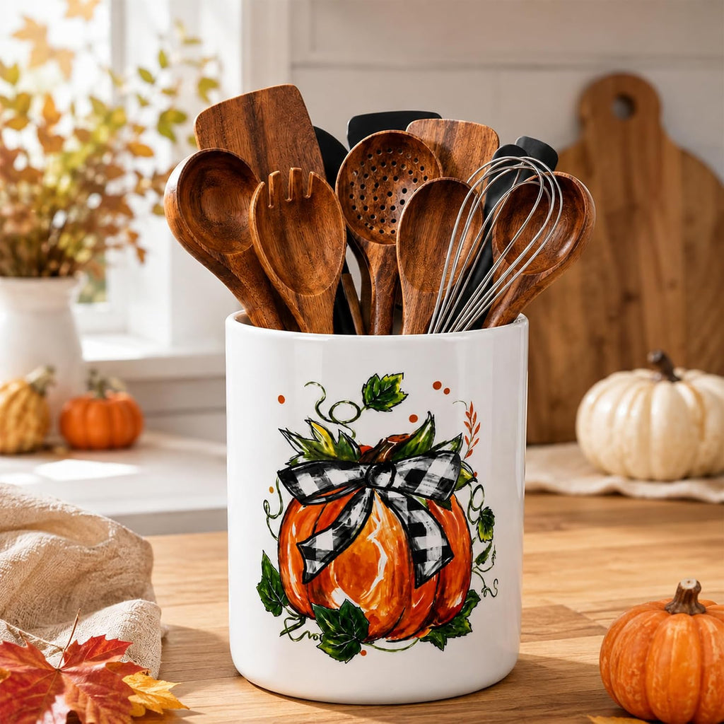 Fall Pumpkin Ceramic Utensil Holder, Thanksgiving Cutlery Holder