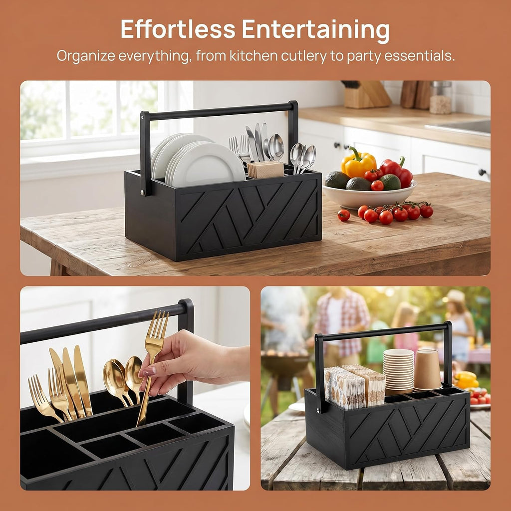 13 Inch Rustic Silverware Caddy with Wooden Handle, Black