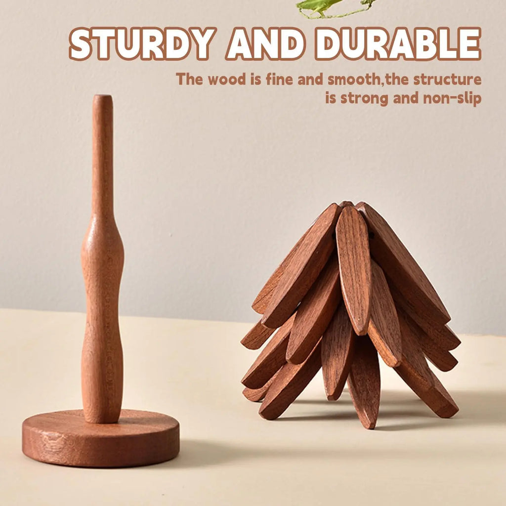 Natural Tree-Shaped Wooden Decorative Trivets Set - 4 Trivets & 1 Stand Keeps Tidy, 450°F Heat Guard Kitchenware, 7.8in High Density Solid Wood Multi-Use Mat for Pots, Pans, Cups, Foldable Textured French Country Birthday Gift Coasters