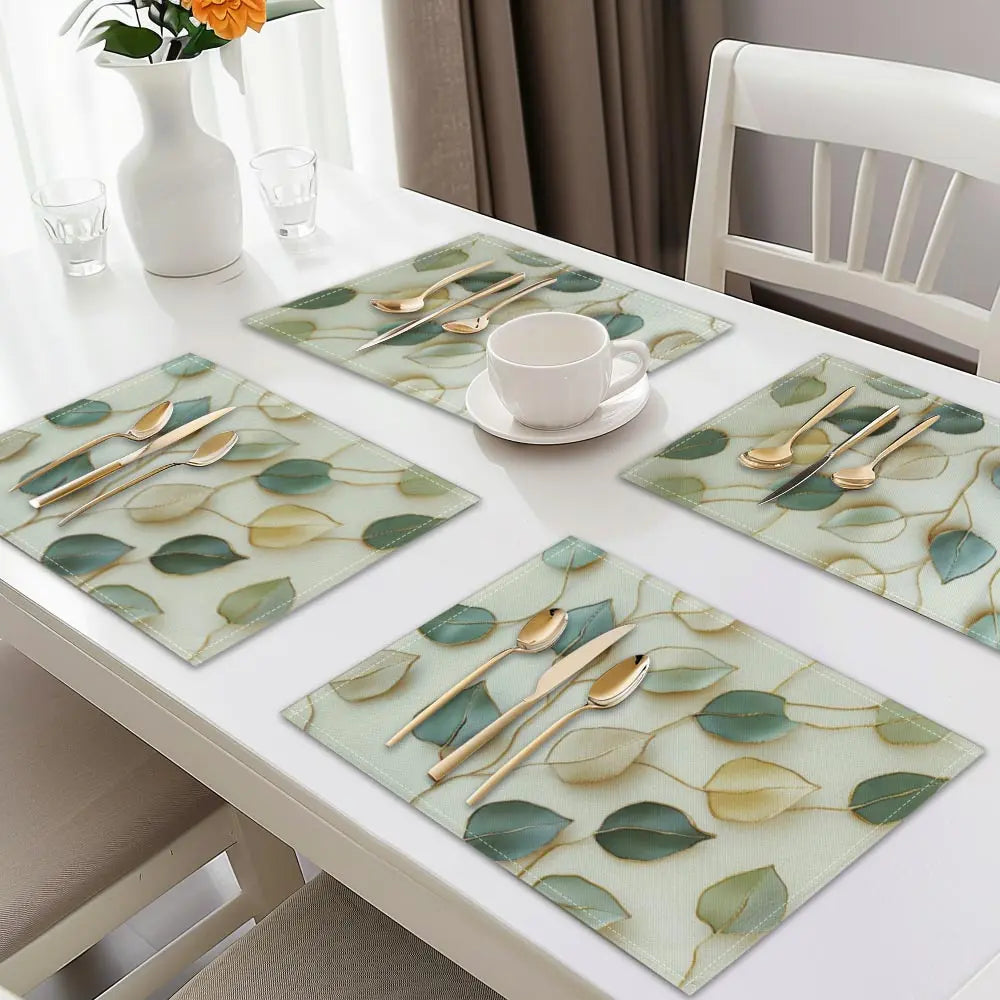 5-Piece Set Handwoven Dining Mats, Leaf Print Rectangular Table Placemats, Aesthetic Home Decor for Dining Room, Boho Placemats Set