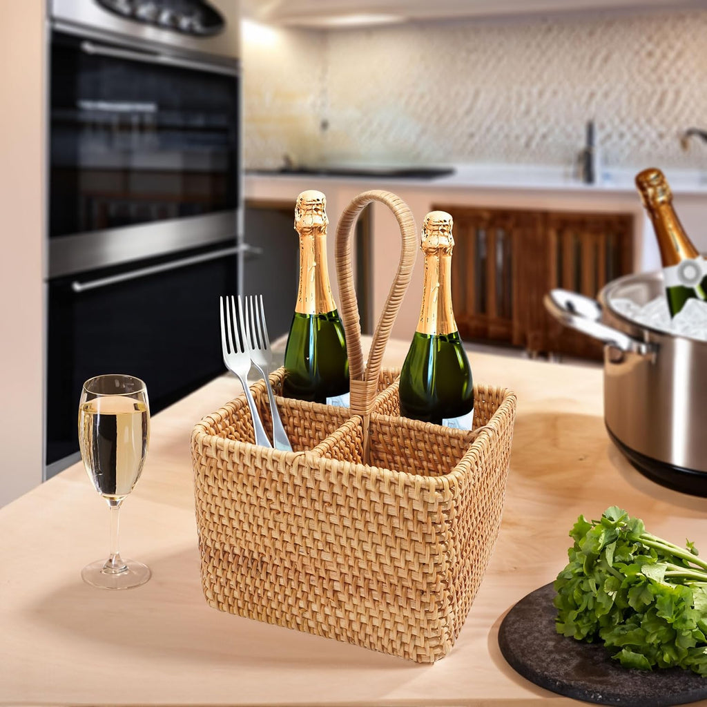 Natural Wicker Utensil Caddy with Built-in Handles，Wicker Silverware Caddy with 4 Compartments，Spoon Cutlery Holder Utensils Organizer，Condiment Organizer Silverware Holder(7.09 * 5.12 inch)