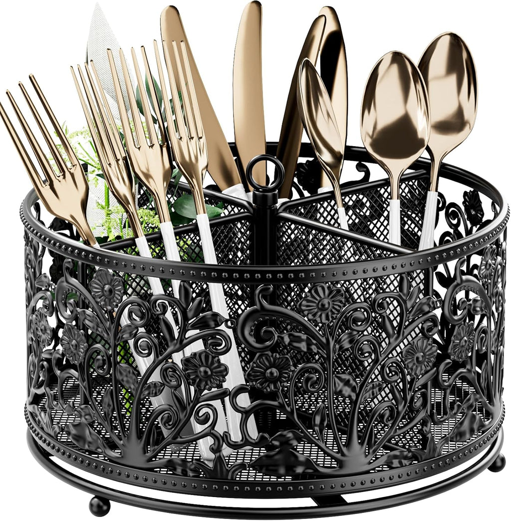 YIUKEA 360° Rotating Flatware Caddy - 4 Compartments Metal Mesh