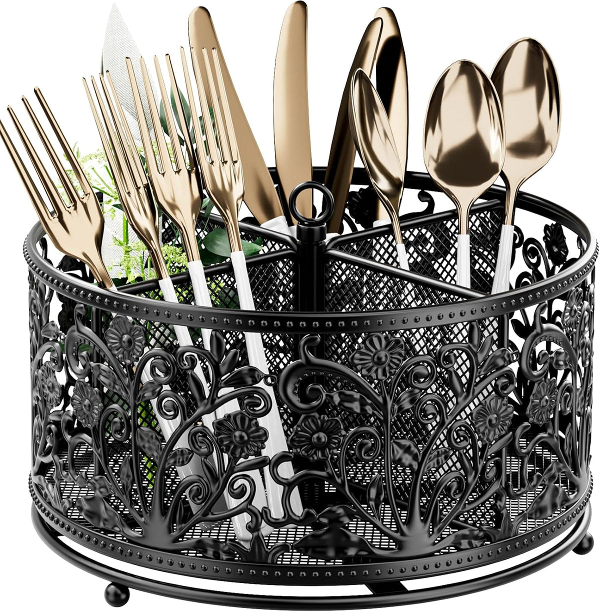 YIUKEA 360° Rotating Flatware Caddy - 4 Compartments Metal Mesh