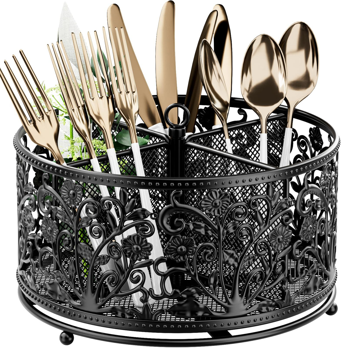 YIUKEA 360° Rotating Flatware Caddy - 4 Compartments Metal Mesh