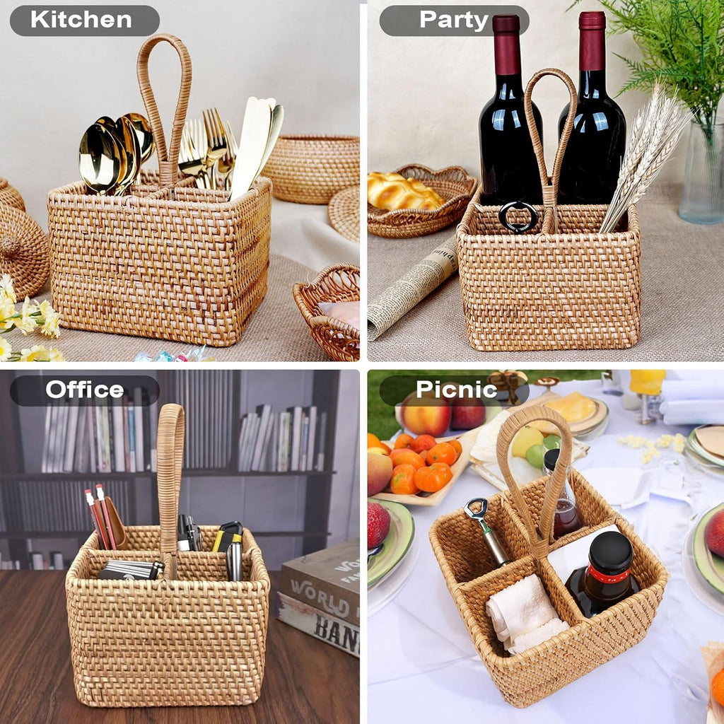 Natural Wicker Utensil Caddy with Built-in Handles，Wicker Silverware Caddy with 4 Compartments，Spoon Cutlery Holder Utensils Organizer，Condiment Organizer Silverware Holder(7.09 * 5.12 inch)