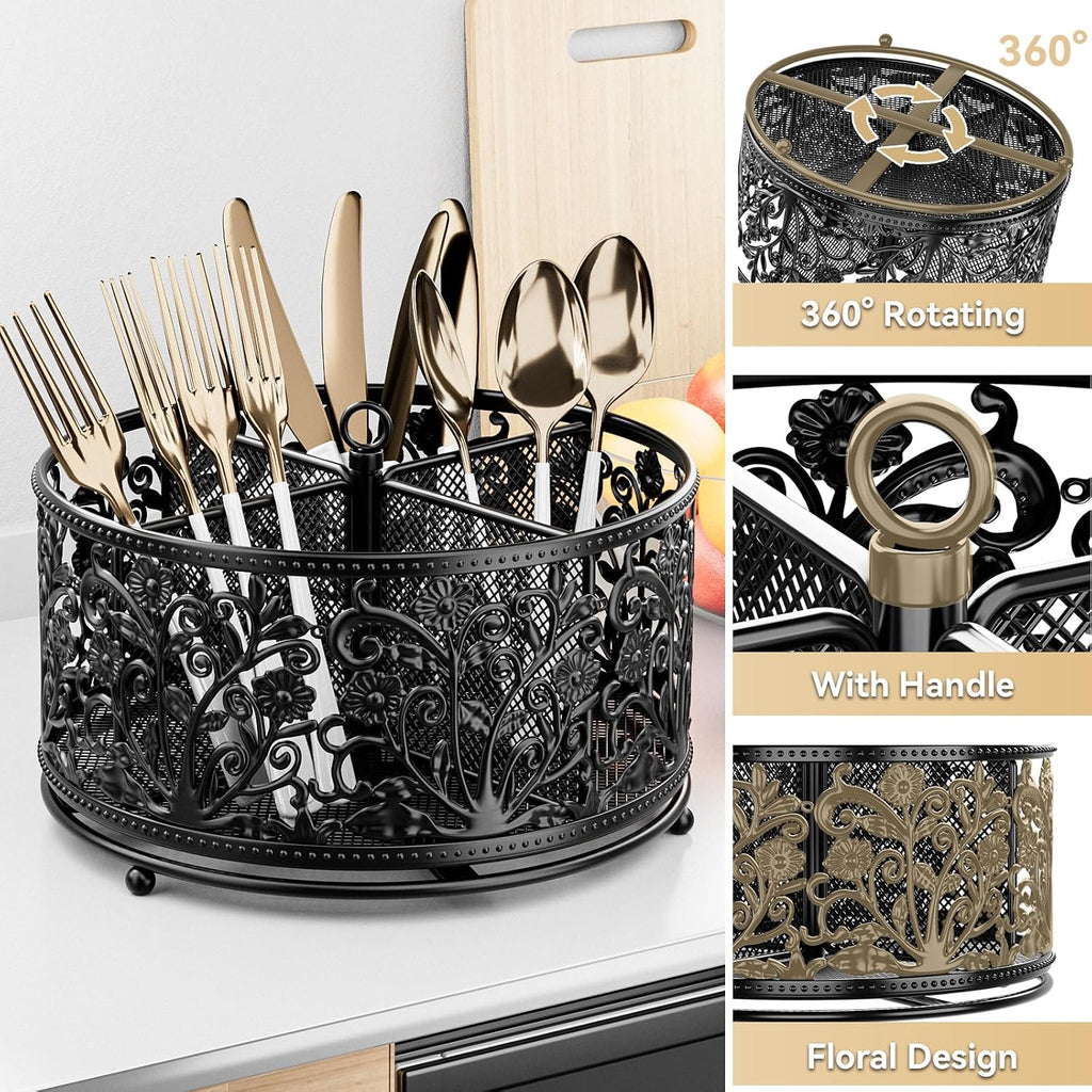 YIUKEA 360° Rotating Flatware Caddy - 4 Compartments Metal Mesh