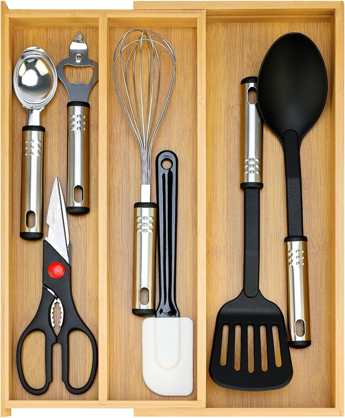 Large Bamboo Kitchen Utensil Drawer Organizer Expandable Silverware Tray