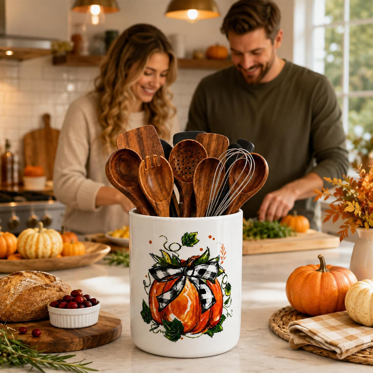 Fall Pumpkin Ceramic Utensil Holder, Thanksgiving Cutlery Holder
