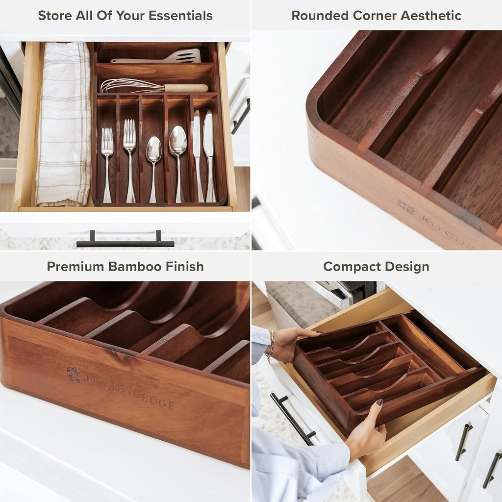 KitchenEdge Silverware & Utensil Organizer, Fixed 10.5 in, Acacia