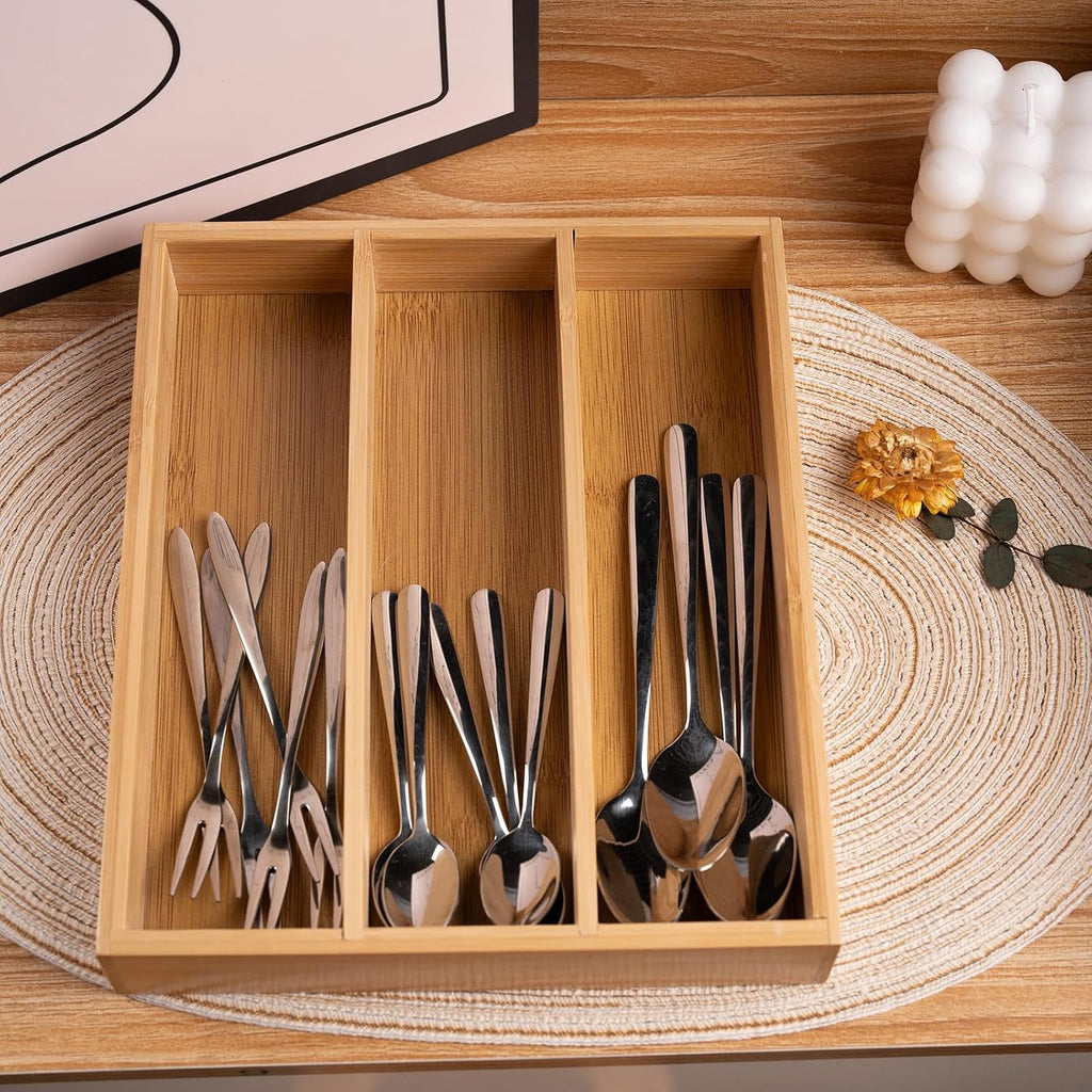 Fibogollo Bamboo Silverware Organizer with 3 Slots for Kitchen(Natural)