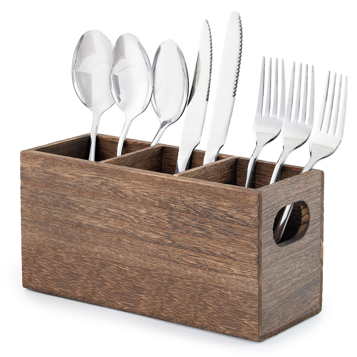 VIVIRBIEN Acacia Wooden Silverware Holder, Kitchen Utensil Caddy with 3 Compartments, Cutlery Storage Organizer Countertop, Flatware Organizer for Party, Spoon, Fork Holder