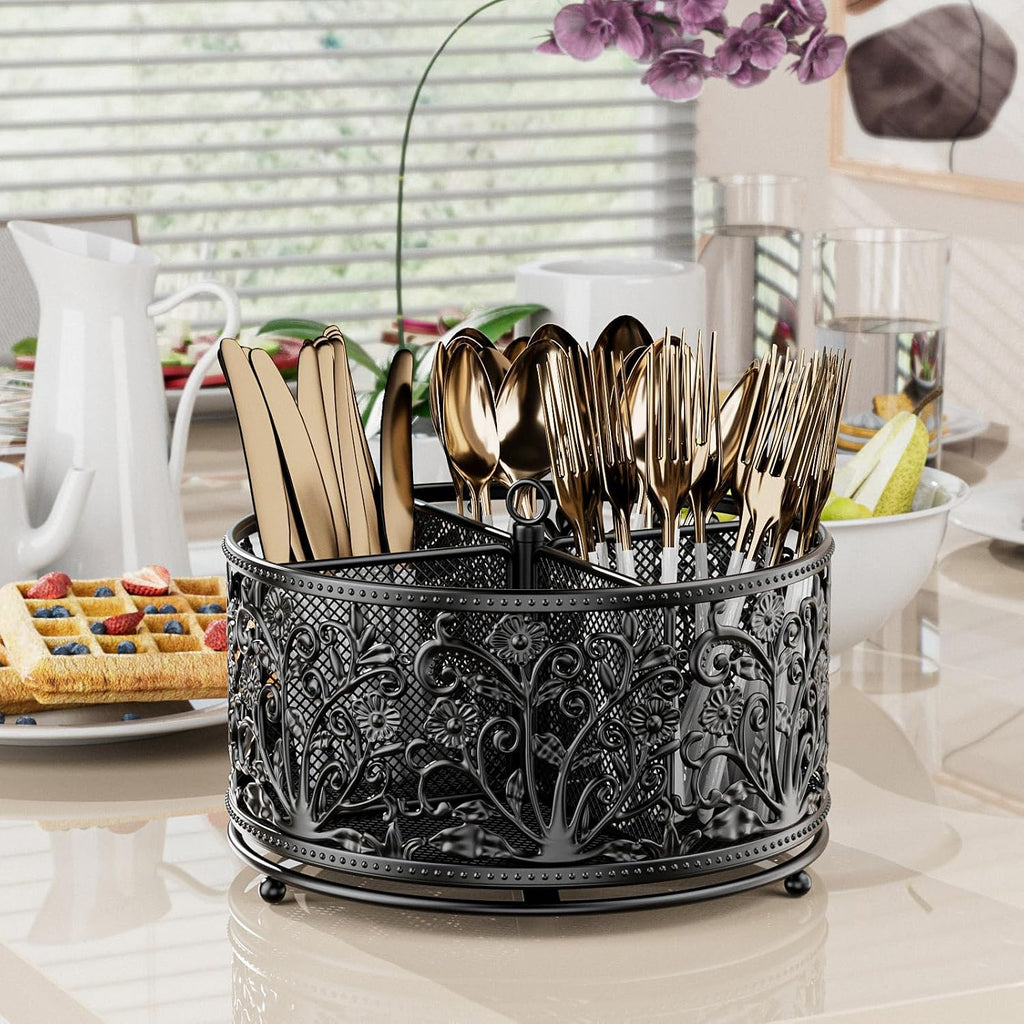 YIUKEA 360° Rotating Flatware Caddy - 4 Compartments Metal Mesh