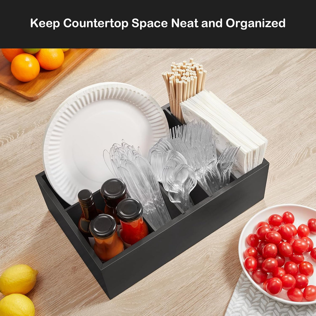 Large Utensil Holder for Party - Wooden Paper Plate and Utensil Caddy for Countertop - Silverware Caddy for Cup Fork Spoon Napkin - Cutlery Organizer for Kitchen Camping Buffet Picnic