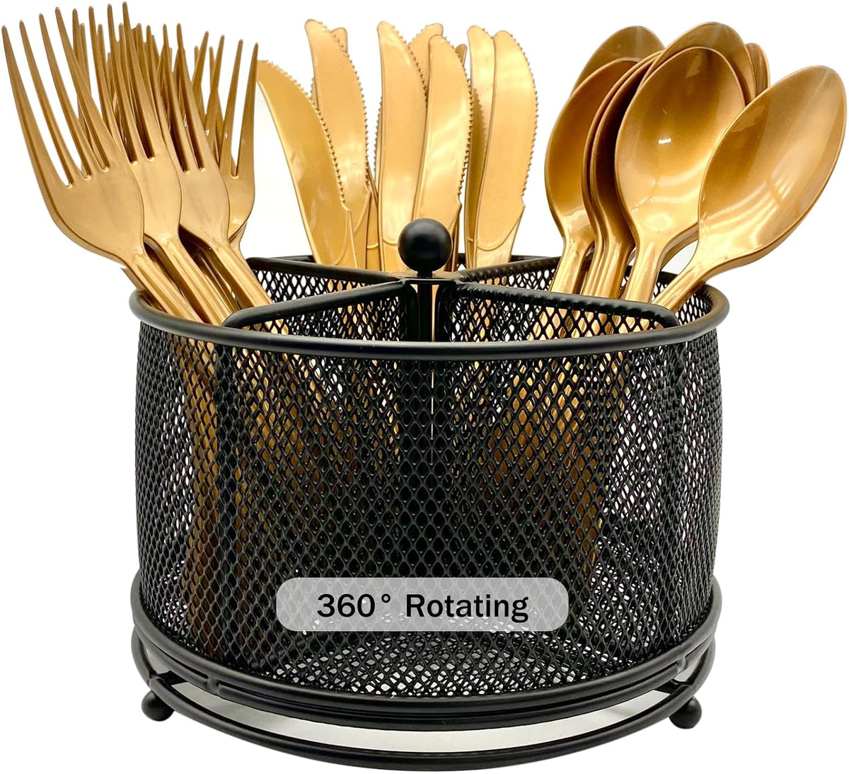 DysanVica 360° Rotating Metal Utensil Caddy - 4 Compartment Silverware Cutlery Holder Rotation Fork Spoon Napkin Organizer Flatware Storage Basket Party Countertop Buffet Picnic Camping Outdoor Black