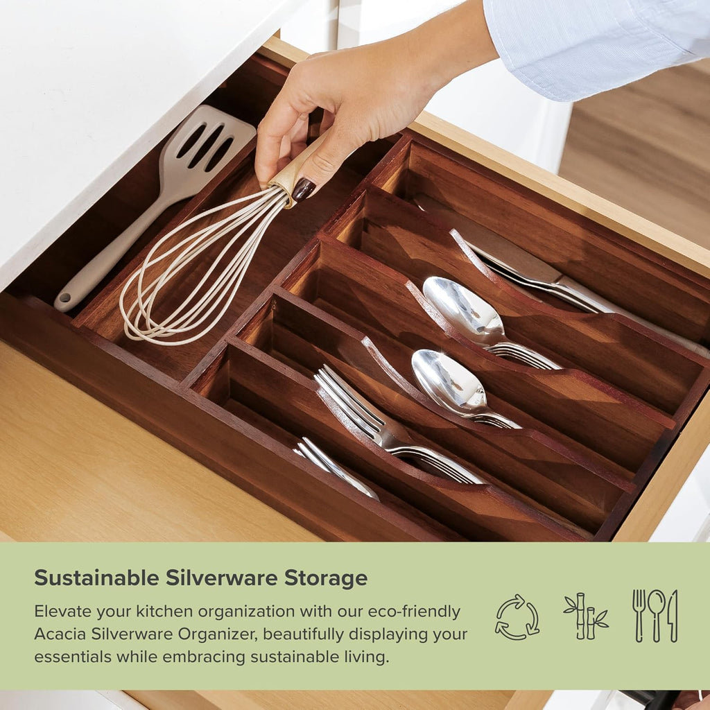 KitchenEdge Silverware & Utensil Organizer, Fixed 10.5 in, Acacia