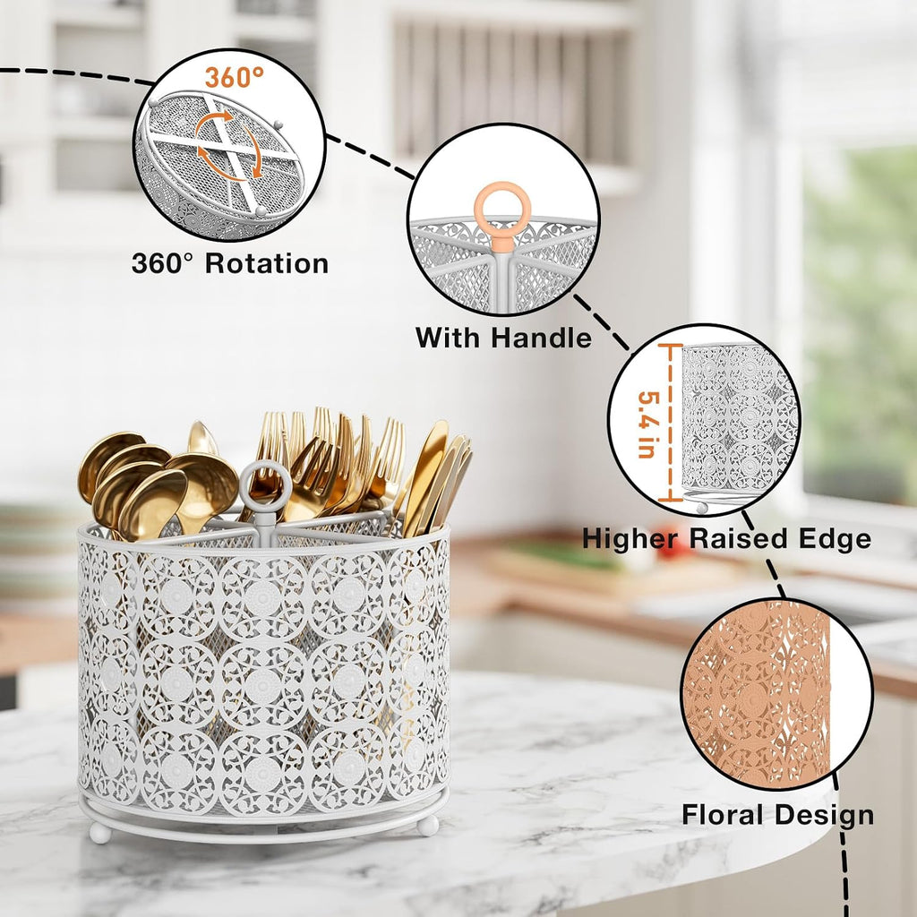 YIUKEA Rotating Utensil Caddy Holder - Raised 4 Compartments Large Capacity