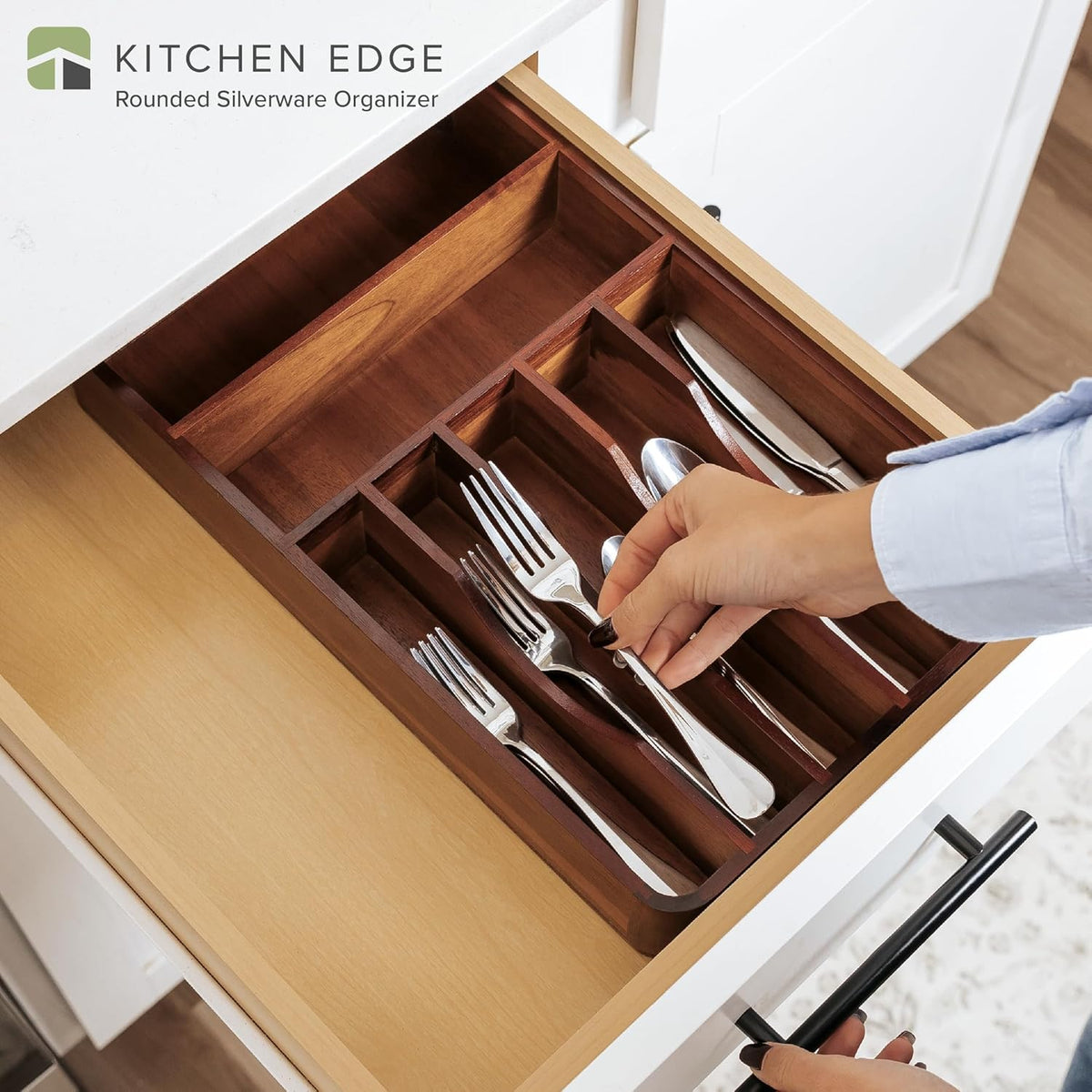 KitchenEdge Silverware & Utensil Organizer, Fixed 10.5 in, Acacia
