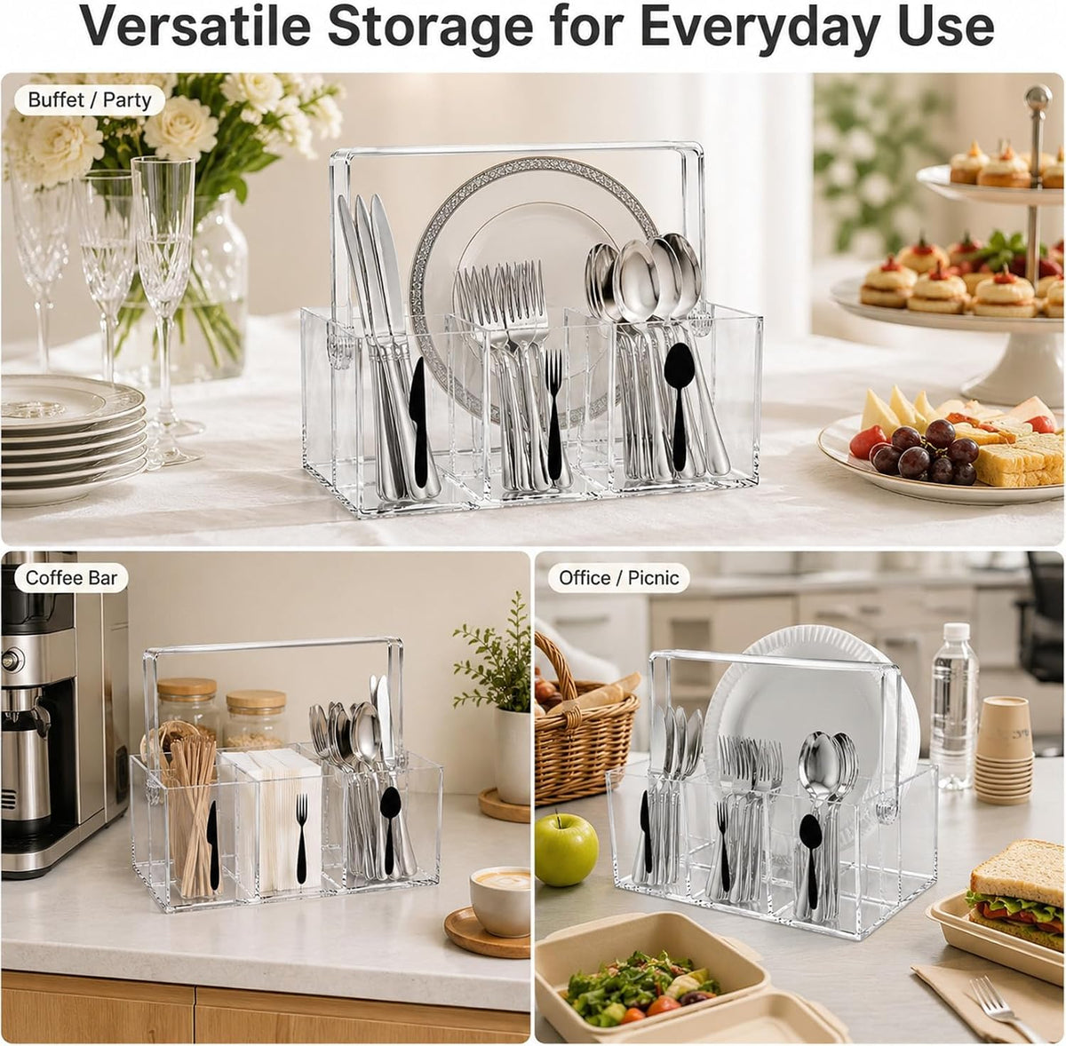Acrylic Utensil Caddy & Silverware Holder, Adjustable Handle, 4-Compartment