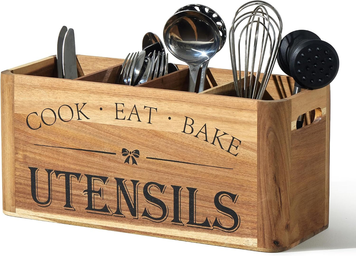 Utensil Holder for Kitchen Countertop - Extra Large 4 Compartment Wooden Organizer in Acacia Wood, Storage for Cooking Tools and Cutlery, Farmhouse Style for Home Cooking