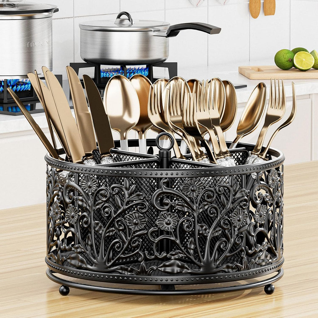 YIUKEA 360° Rotating Flatware Caddy - 4 Compartments Metal Mesh