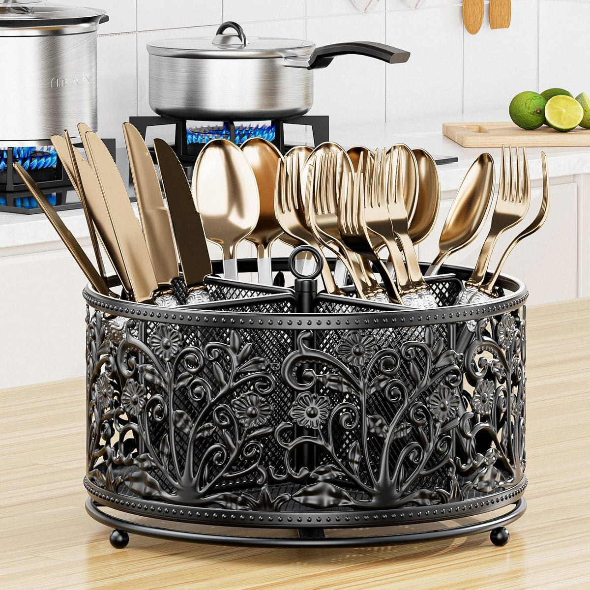 YIUKEA 360° Rotating Flatware Caddy - 4 Compartments Metal Mesh