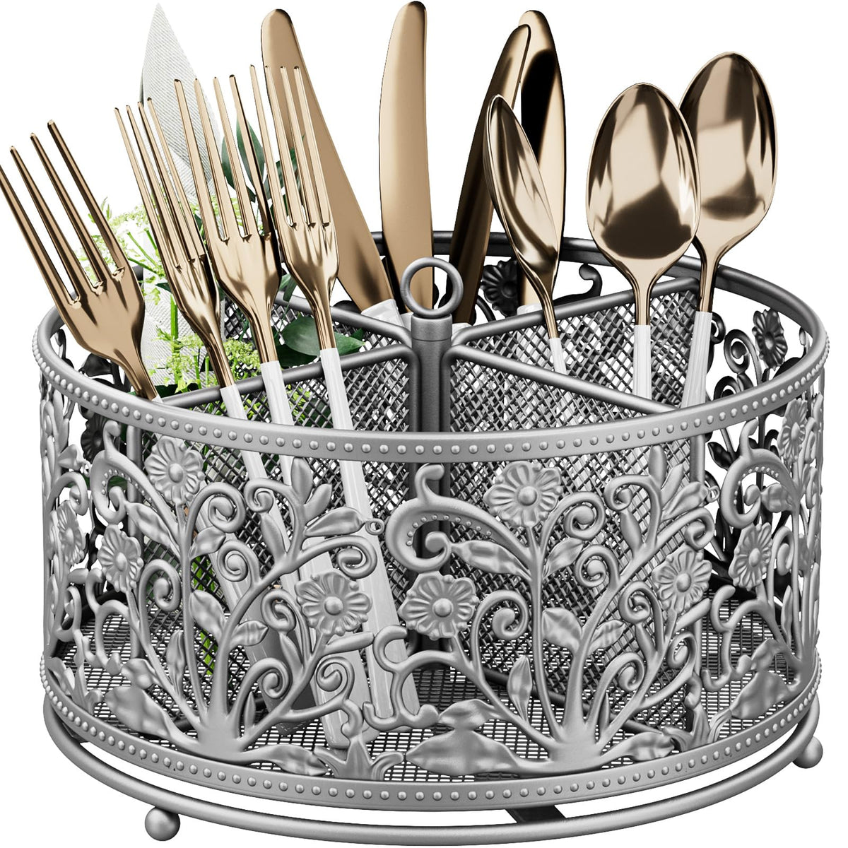 YIUKEA 360° Rotating Flatware Caddy - 4 Compartments Metal Mesh