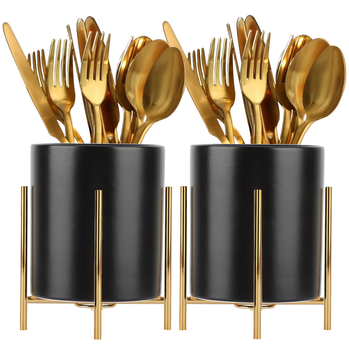 2pcs Sturdy Cutlery Holder White Ceramic With Metal Bracket Robust Silverware Caddy For Countertop - Spoon Holder Silverware Caddy