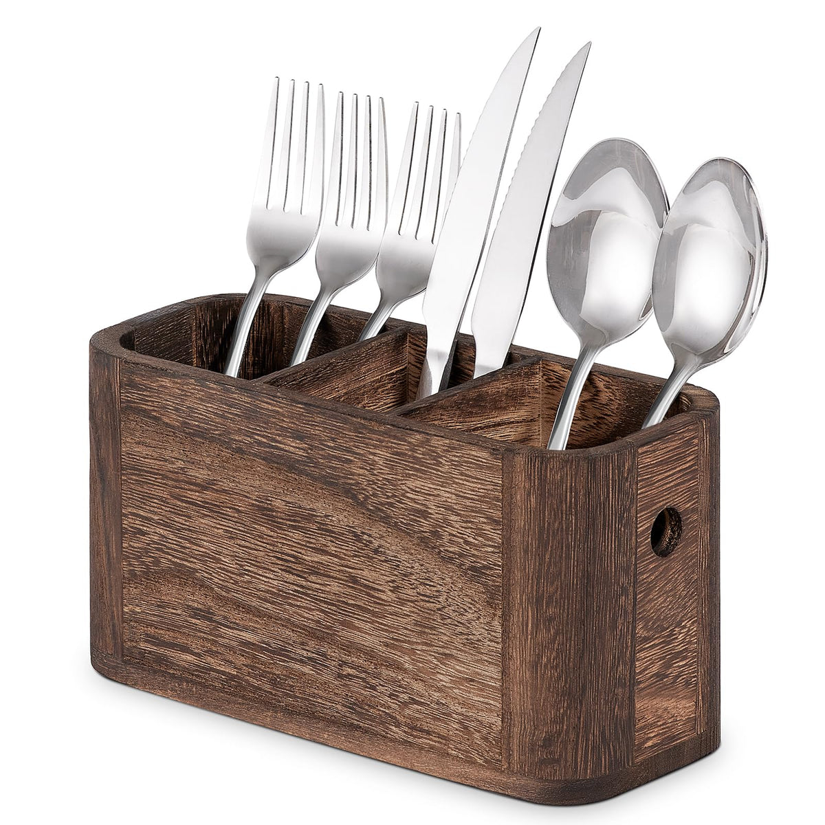 VIVIRBIEN Acacia Wooden Silverware Holder, Kitchen Utensil Caddy with 3 Compartments, Cutlery Storage Organizer Countertop, Flatware Organizer for Party, Spoon, Fork Holder