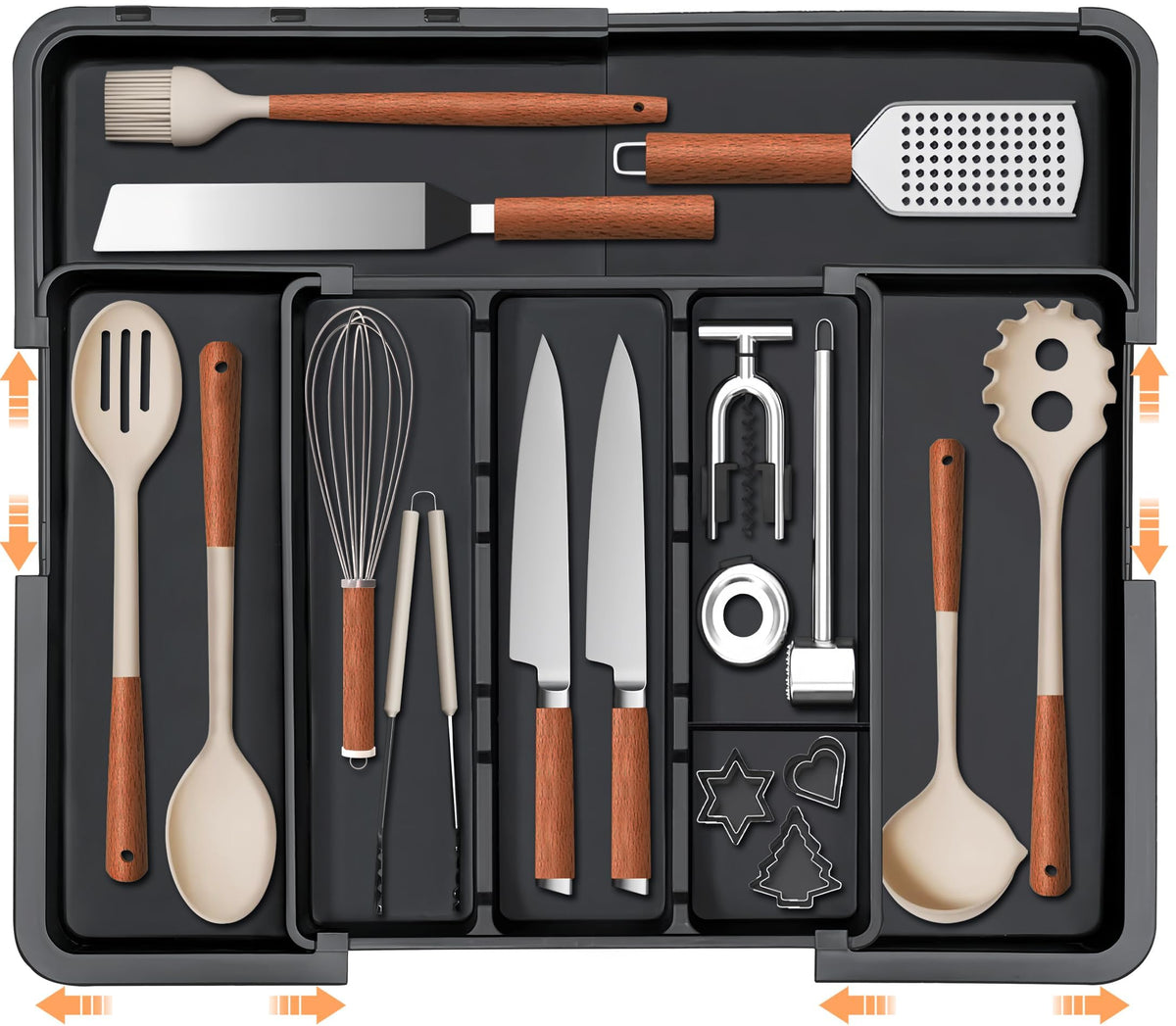 Spaclear Large Utensil Drawer Organizer Expandable Silverware Organizer for Kitchen Drawer Adjustable Cooking Utensil Holder Cutlery Flatware Tray Spatula Tools Gadgets Storage Dividers Plastic Black