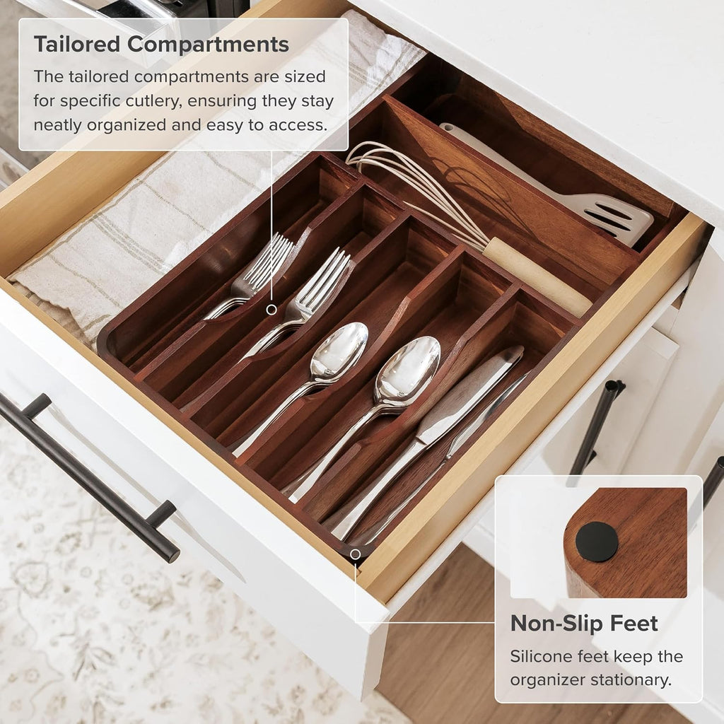 KitchenEdge Silverware & Utensil Organizer, Fixed 10.5 in, Acacia
