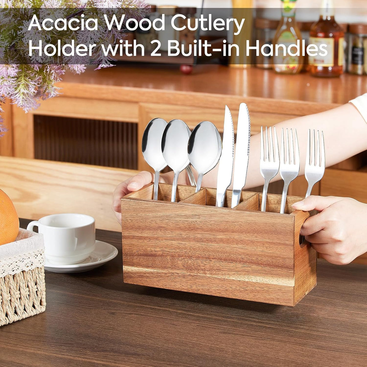 VIVIRBIEN Acacia Wooden Silverware Holder, Kitchen Utensil Caddy with 3 Compartments, Cutlery Storage Organizer Countertop, Flatware Organizer for Party, Spoon, Fork Holder