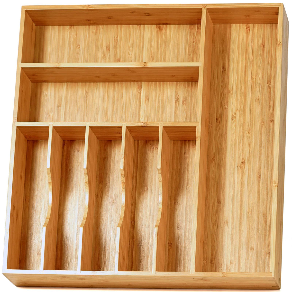 Umilife Bamboo Kitchen Drawer Organizer, 13 Inch Silverware Utensil Tray Holder, Extra Deep Grooved Drawer Divider, 7 Slots Total Bamboo Wood Caddy for Flatware Cutlery Knives, Forks, Spoons