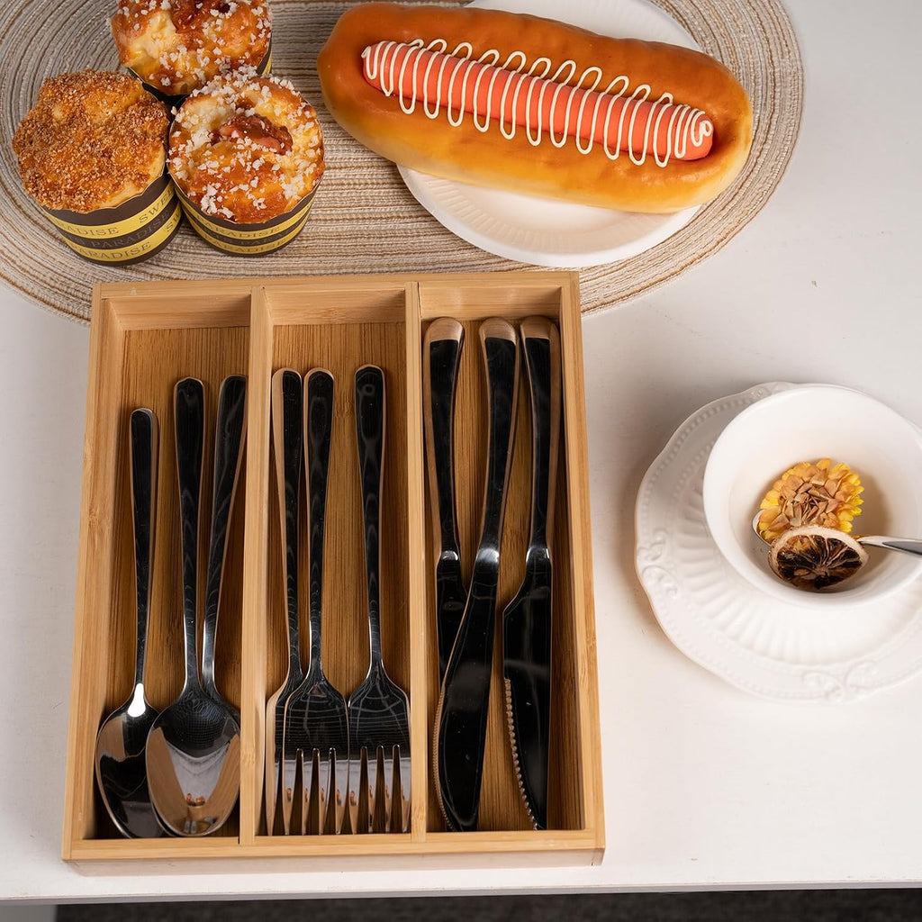 Fibogollo Bamboo Silverware Organizer with 3 Slots for Kitchen(Natural)