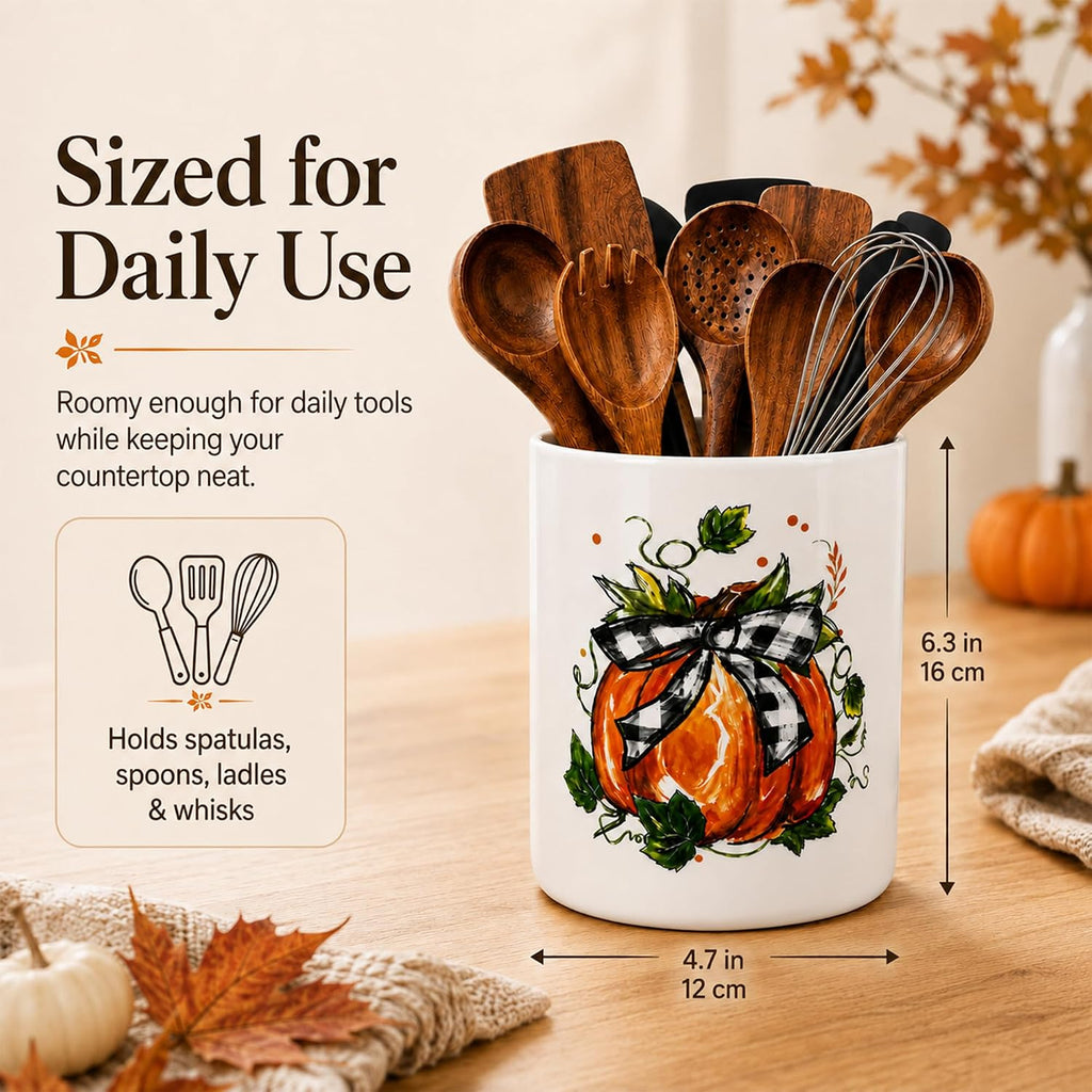 Fall Pumpkin Ceramic Utensil Holder, Thanksgiving Cutlery Holder