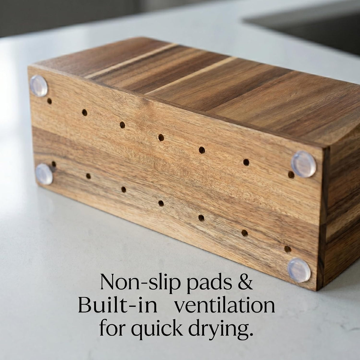 Extra Large Kitchen Utensil Holder for Countertop – Acacia Wood Utensil Holder with 4 Compartments, Beveled Edges, Non-Slip Pads & Drain Hole – Rustic Farmhouse Kitchen Countertop Storage Caddy