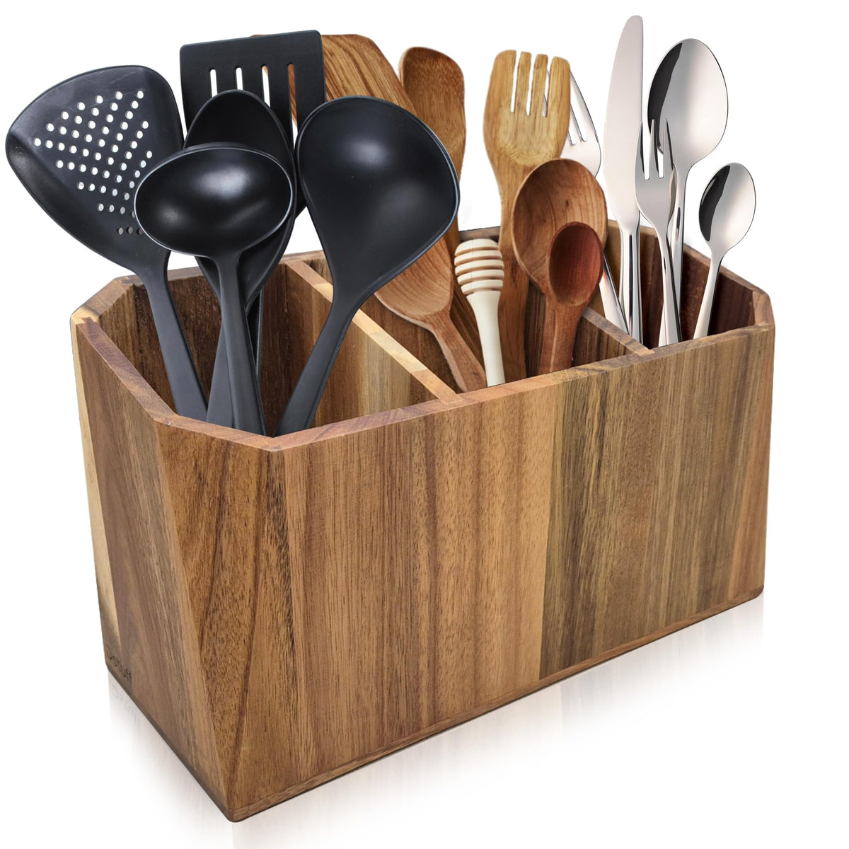 Extra Large Kitchen Utensil Holder for Countertop – Acacia Wood Utensil Holder with 4 Compartments, Beveled Edges, Non-Slip Pads & Drain Hole – Rustic Farmhouse Kitchen Countertop Storage Caddy