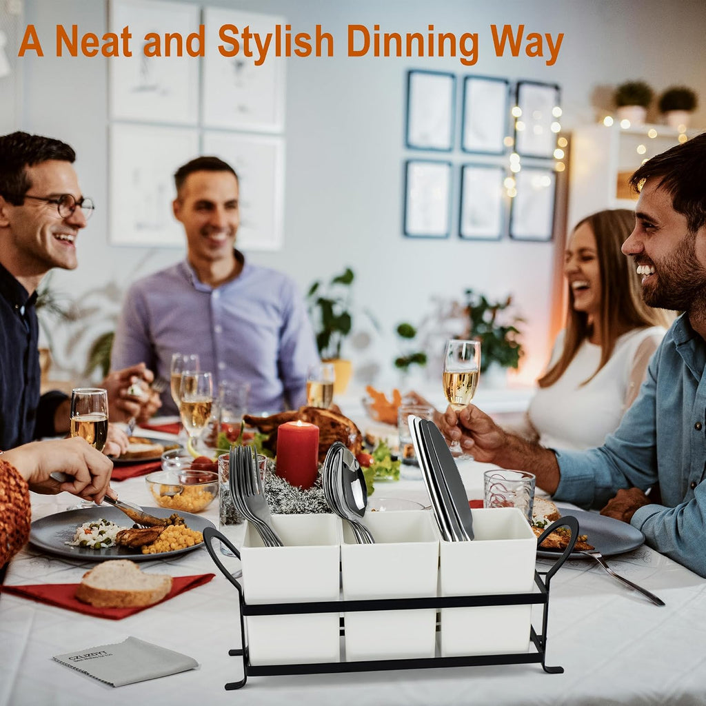Czlizdyt Cutlery Holder with Drain Holes, Silverware Caddy for Party Countertop, 3pcs Bins Set Utensil Holders for Spoon and Fork, White
