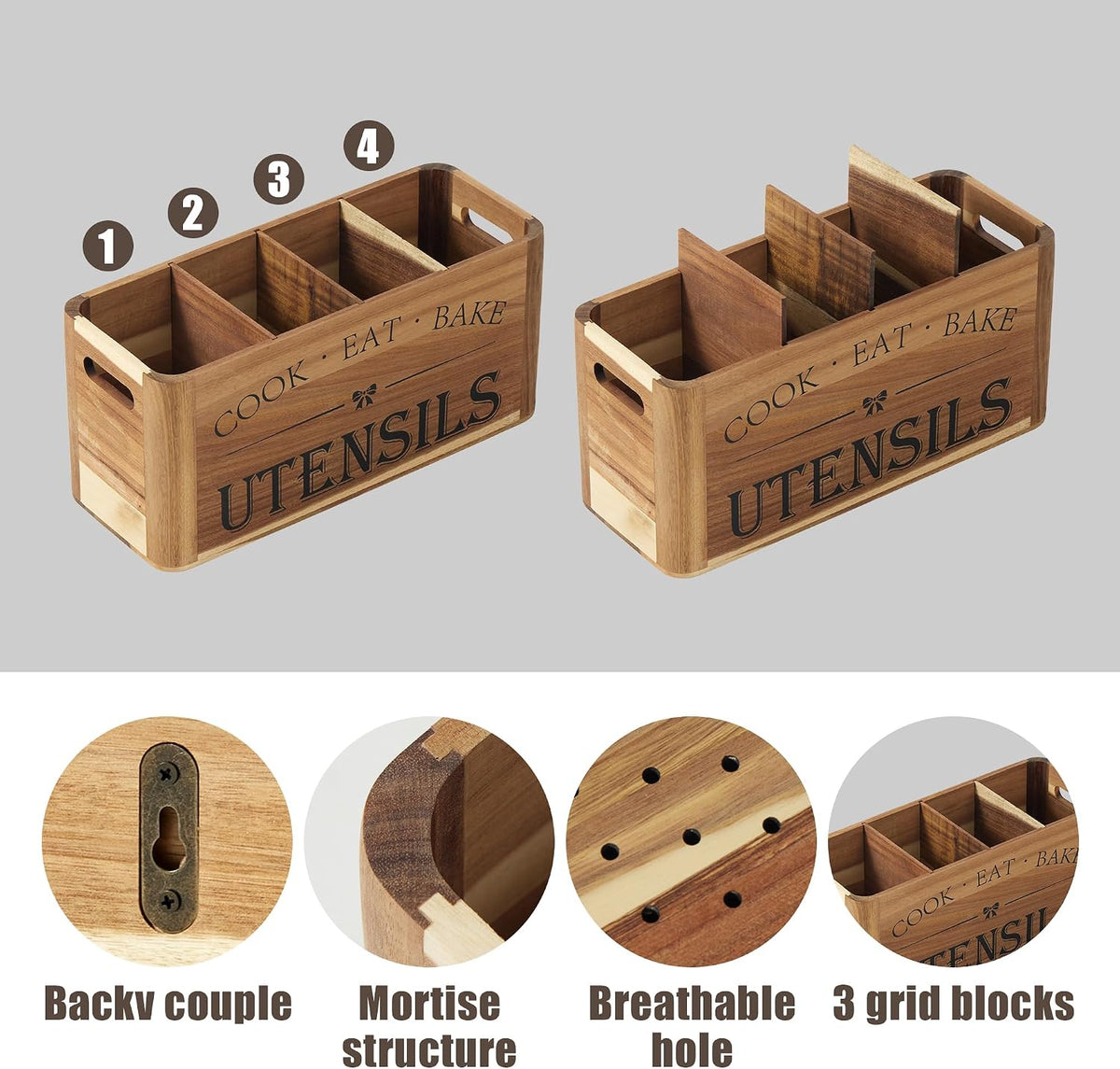 Utensil Holder for Kitchen Countertop - Extra Large 4 Compartment Wooden Organizer in Acacia Wood, Storage for Cooking Tools and Cutlery, Farmhouse Style for Home Cooking