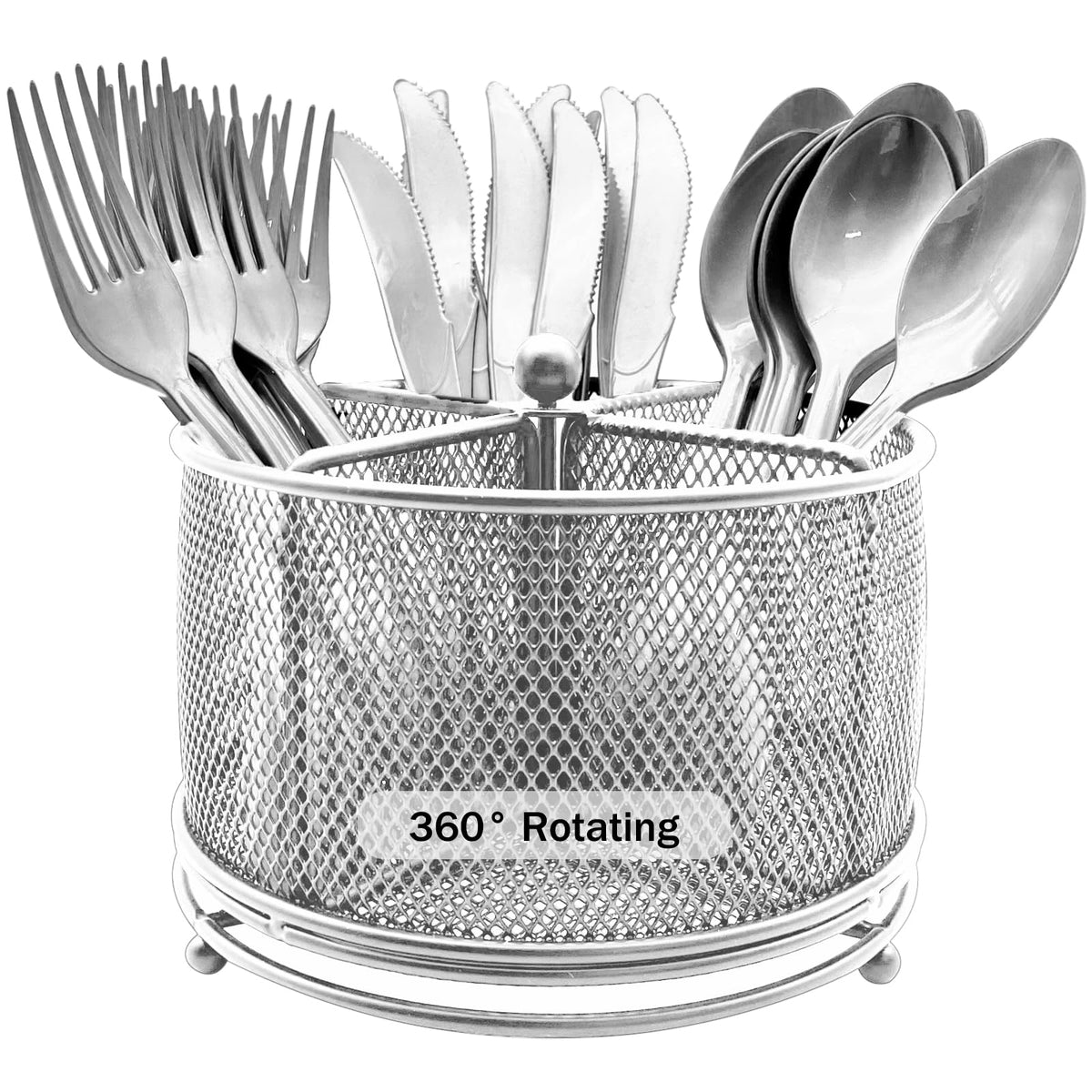 DysanVica 360° Rotating Metal Utensil Caddy - 4 Compartment Silverware Cutlery Holder Rotation Fork Spoon Napkin Organizer Flatware Storage Basket Party Countertop Buffet Picnic Camping Outdoor Black